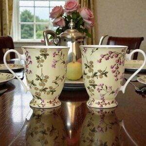 Gracie Bone China Tea Coffee Mugs Set Of 2 Floral Porcelain Yellow Gold Trim